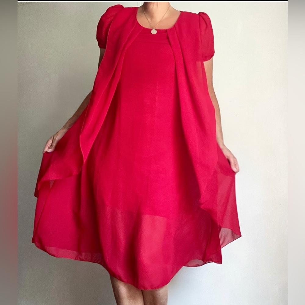 Red Caftan Day Dress With Chiffon Style Overlay Vtg